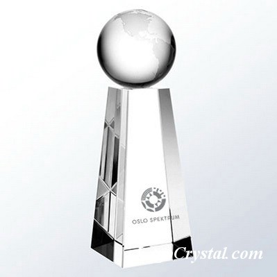 Crystal Globe Award With Tall Trapezoid Base 3D Laser Etched