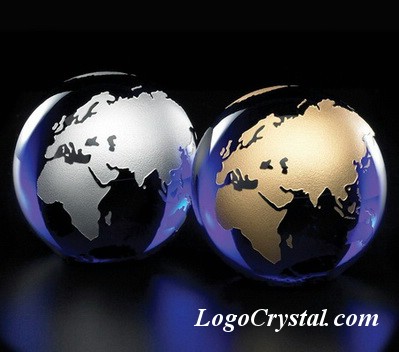 blue crystal glass globe award with silver or gold fill