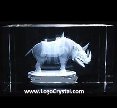3D Laser crystal cube with rhinoceros design laser etched inside, we can engrave any other animal design inside also.