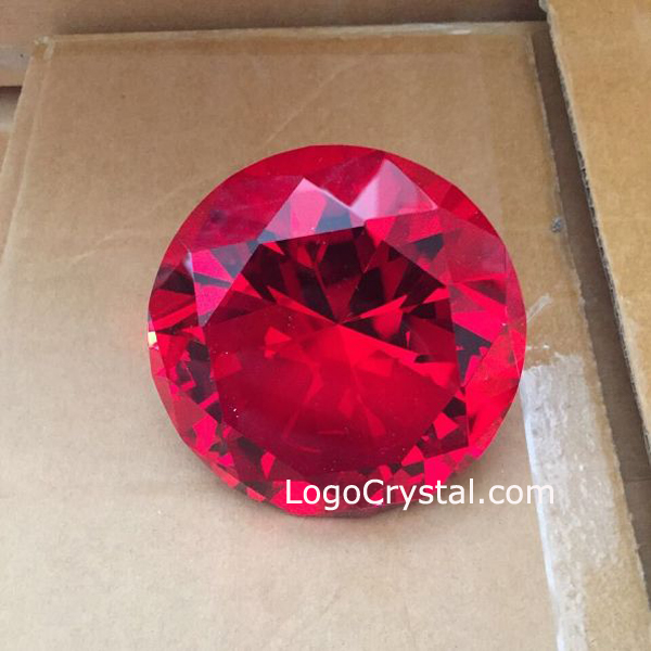 Ruby red crystal diamond, red glass diamond paperweight, red colored gemstone crystal