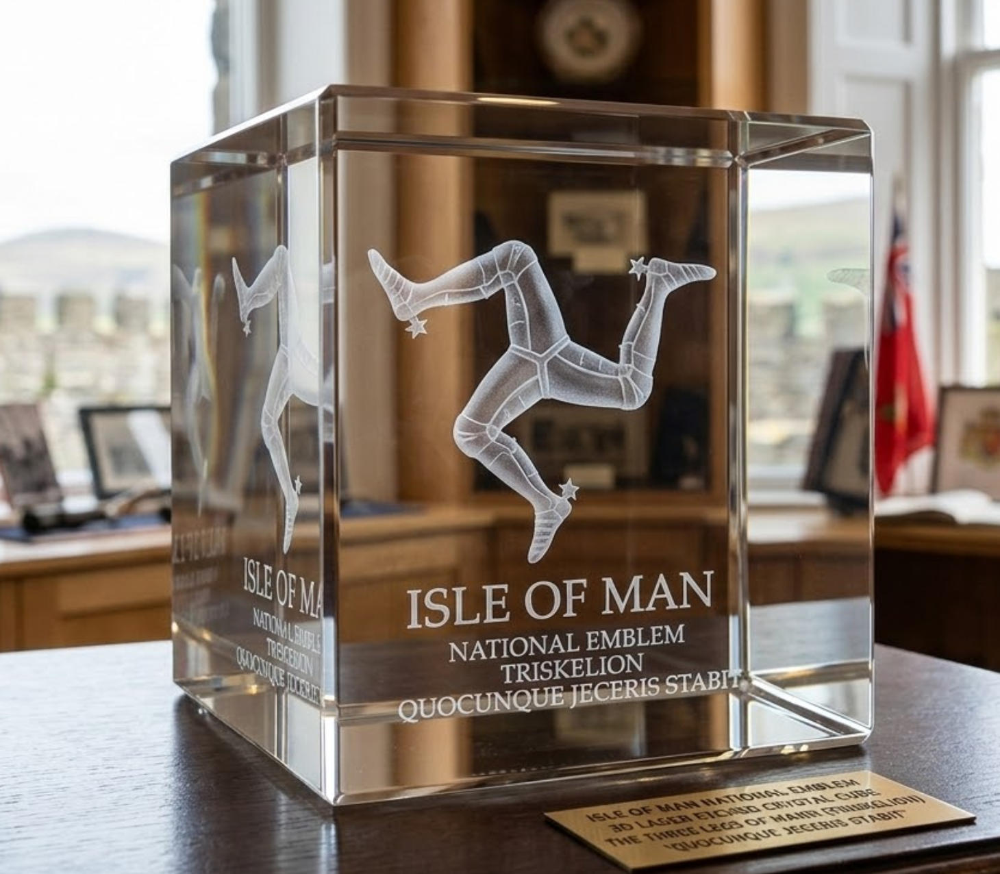 Isle of Man national symbol (Triskelion) internal laser engraving in glass block.